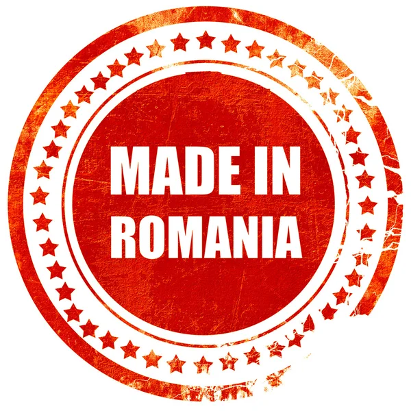 Hecho en romania, sello de goma roja grunge en un fondo blanco sólido — Foto de Stock