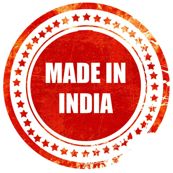 Dibuat di India, grunge cap karet merah pada backgrou putih padat — Stok Foto