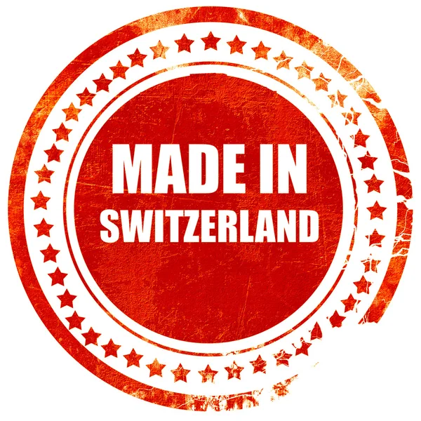 瑞士制造，在纯白色巴上印有红色橡皮图章 — 图库照片