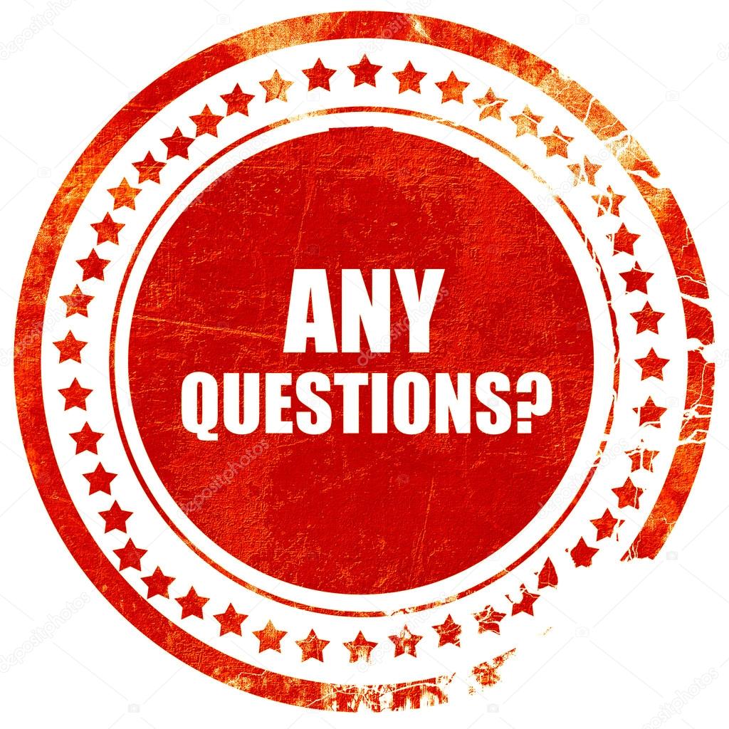 Any questions, grunge red rubber stamp on a solid white backgrou