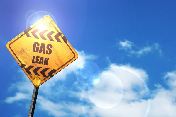 Yellow road sign with a blue sky and white clouds: Gas leak back — 图库照片