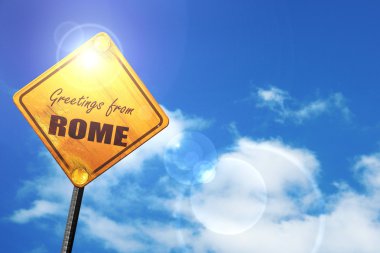 Sarı mavi bir gökyüzü ve beyaz bulutlar yol işaretiyle: selamlar fro