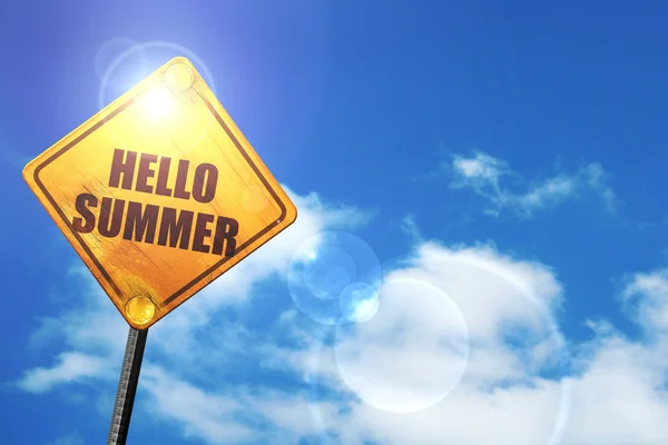 Yellow road sign with a blue sky and white clouds: hello summer — Stock fotografie