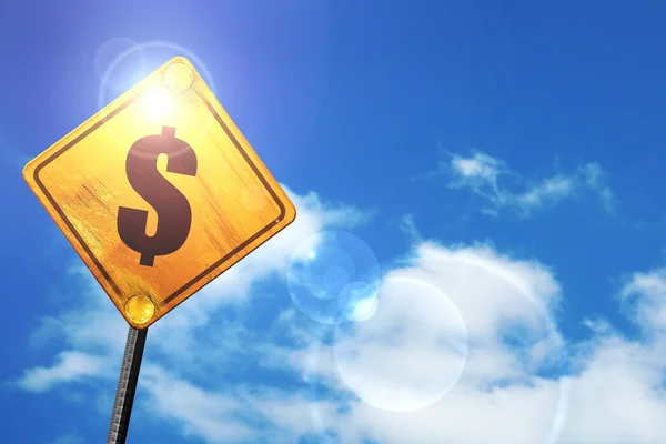 Yellow road sign with a blue sky and white clouds: dollar sign — 图库照片