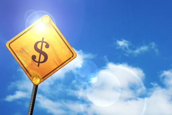 Yellow road sign with a blue sky and white clouds: dollar sign — 图库照片