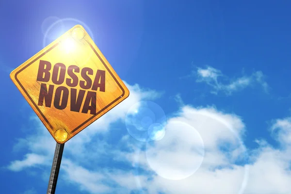 Желтый дорожный знак с голубым небом и белыми облаками: босса-нова — стоковое фото