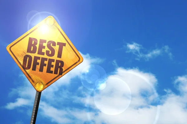 Yellow road sign with a blue sky and white clouds: best offer — Stock Photo, Image