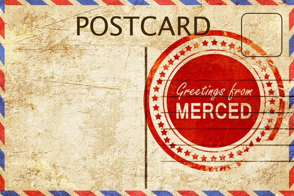 Merced stamp on a vintage, old postcard — Stock Photo, Image