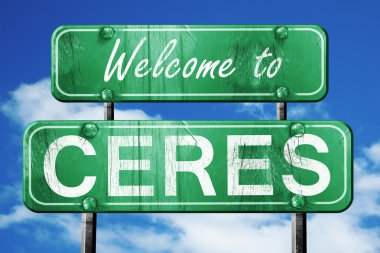 Vintage yeşil yol işareti mavi gökyüzü arka plan ile ceres