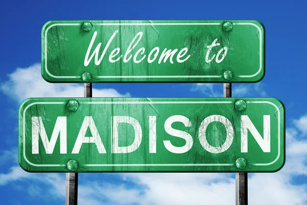 麦迪逊老式绿色路标与蓝蓝的天空背景 — 图库照片