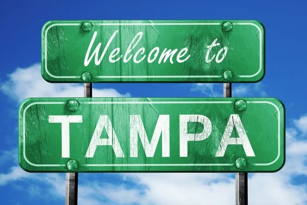 Tampa vintage groene verkeersbord met blauwe hemelachtergrond — Stockfoto