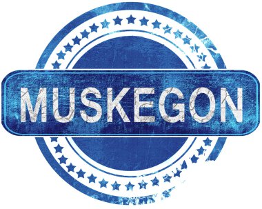 Muskegon grunge mavi pul. Beyaz izole.