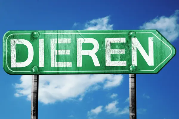 Dieren дорожный знак, винтажный зеленый с облачным фоном — стоковое фото