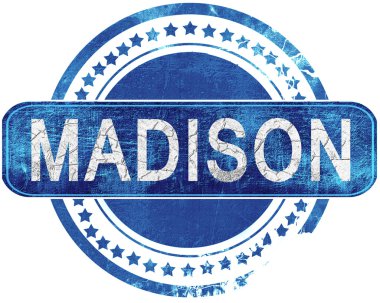 Madison grunge mavi pul. Beyaz izole.