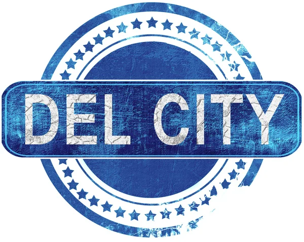 Del şehir grunge mavi pul. Beyaz izole.