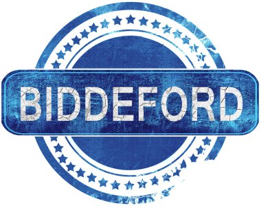 Biddeford grunge mavi pul. Beyaz izole.