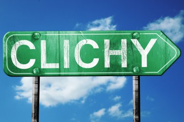 Clichy yol işaret, vintage bulutlar arka plan ile yeşil