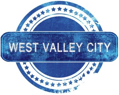 Batı Vadisi şehir grunge mavi pul. Beyaz izole.