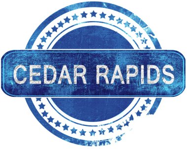 Cedar rapids grunge mavi pul. Beyaz izole.