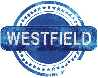 Westfield grunge mavi pul. Beyaz izole.