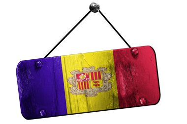 Andorra bayrağı, 3d render, vintage grunge işareti asılı