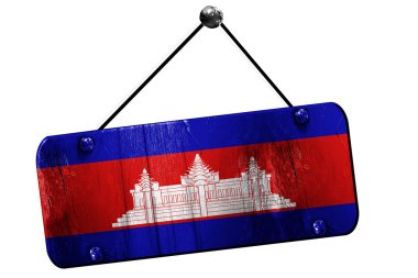 Kamboçya bayrağı, 3d render, vintage grunge işareti asılı