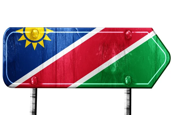 Vlag van Namibië, 3D-rendering, weg ondertekenen op witte achtergrond — Stockfoto