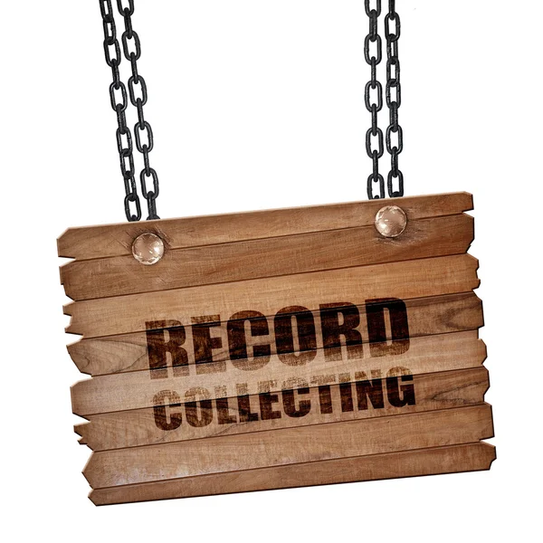 Coleccionismo de discos, representación 3D, tablero de madera en una cadena grunge — Foto de Stock