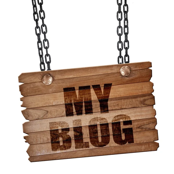 my blog, 3D rendering, wooden board on a grunge chain