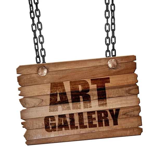 Kunstgalerie, 3D-Rendering, Holzbrett auf Grunge-Kette — Stockfoto
