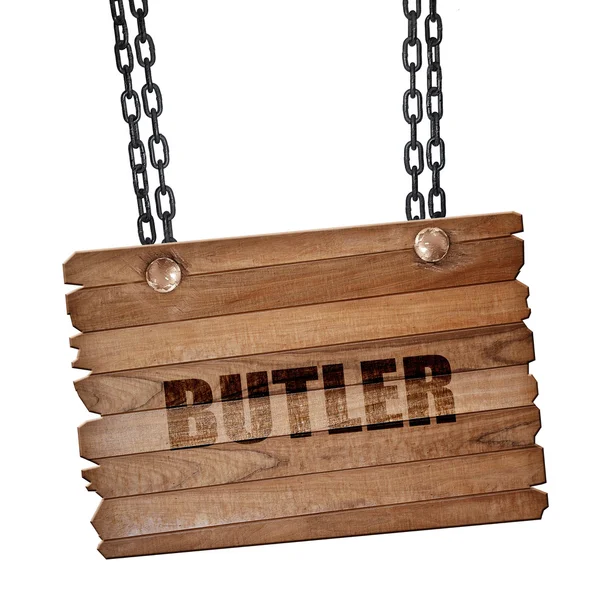 Butler, 3D-rendering, houten plank op een grunge-keten — Stockfoto