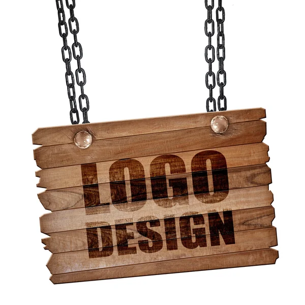 Diseño del logotipo, representación 3D, tablero de madera en una cadena grunge — Foto de Stock