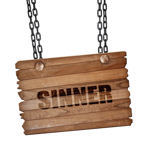 Pecador, representación 3D, tablero de madera en una cadena grunge — Foto de Stock