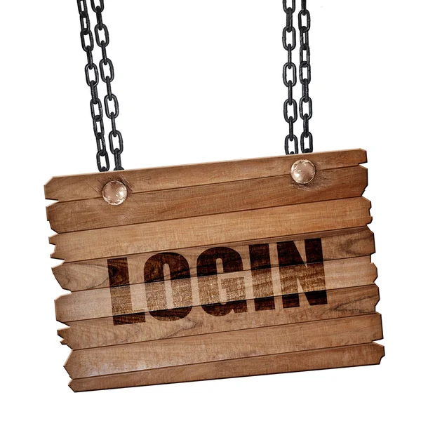 Login, 3D rendering, wooden board on a grunge chain — Stock Photo, Image