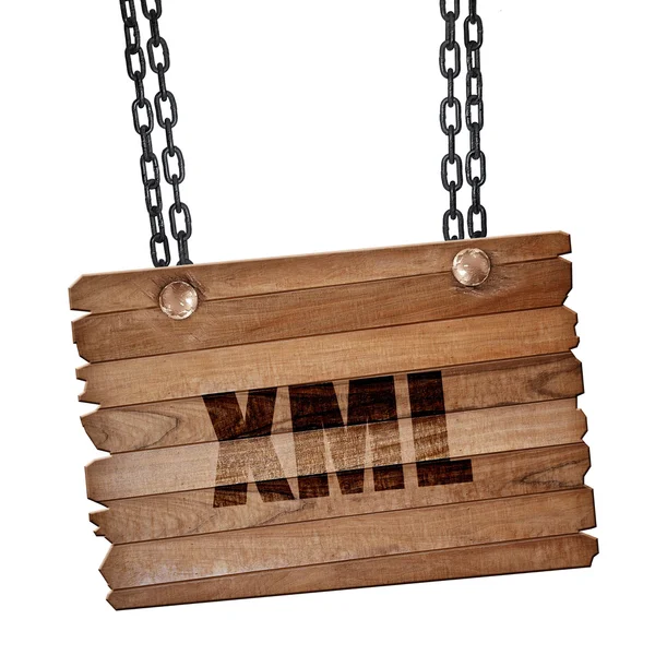 Xml, 3D rendering, wooden board on a grunge chain — Stock Photo, Image