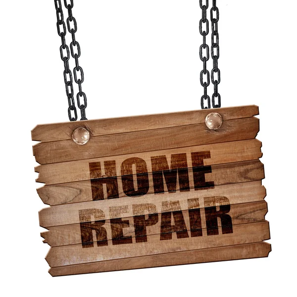 Home repair, 3D rendering, wooden board on a grunge chain — Stock Photo, Image