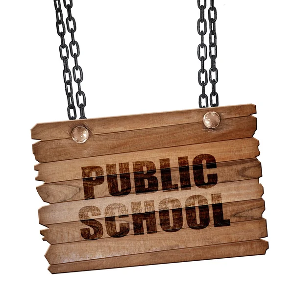 Public school, 3D rendering, wooden board on a grunge chain — Stock Photo, Image