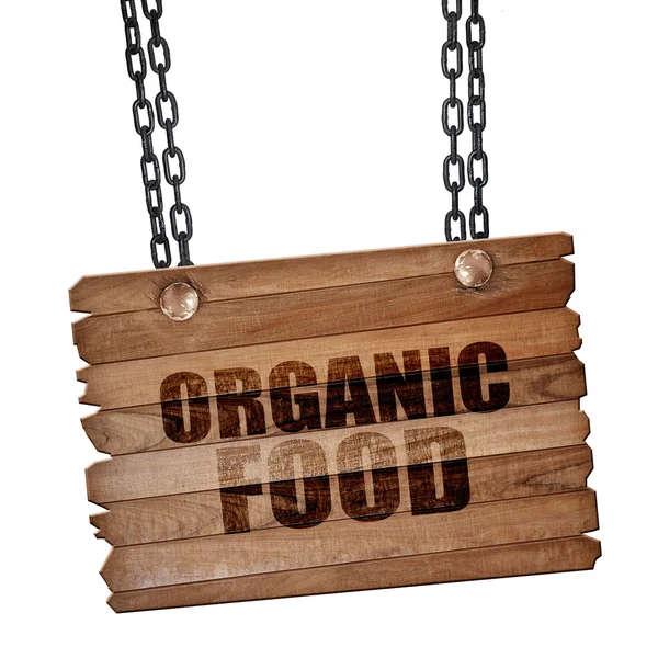 Organic food, 3D rendering, wooden board on a grunge chain — Stock Photo, Image