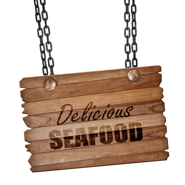 Delicious fish sign, 3D rendering, wooden board on a grunge chai — Stock Photo, Image