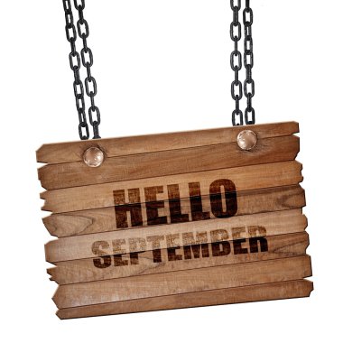 Merhaba Eylül, 3d render, ahşap tahta üzerinde bir grunge zinciri