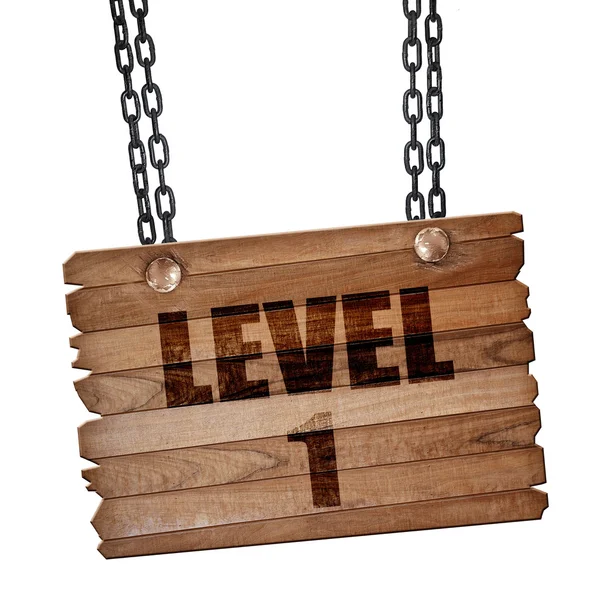 Level 1, render 3D, papan kayu pada rantai grunge — Stok Foto