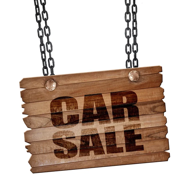 Car sale, 3D rendering, wooden board on a grunge chain — Stock Photo, Image