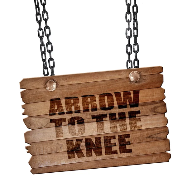 Freccia al ginocchio, rendering 3D, tavola di legno su una catena grunge — Foto Stock