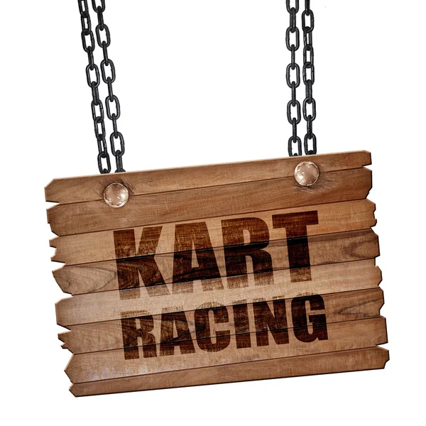 Kart racing, 3D rendering, papan kayu pada rantai grunge — Stok Foto