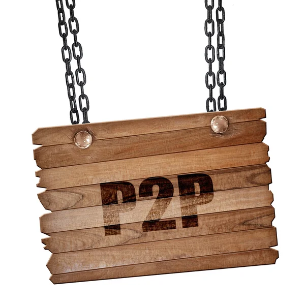 P2p, representación 3D, tablero de madera en una cadena grunge — Foto de Stock