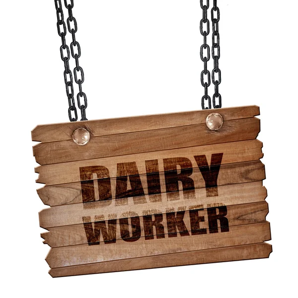 Trabajador lácteo, representación 3D, tablero de madera en una cadena grunge —  Fotos de Stock