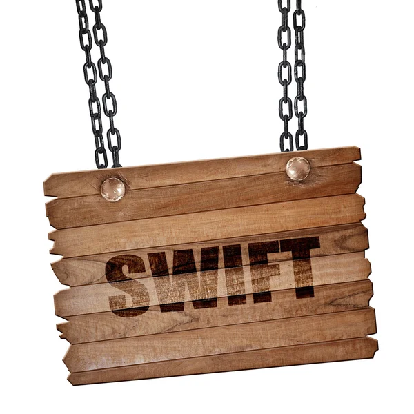 Swift, 3D rendering, tablero de madera en una cadena grunge — Foto de Stock