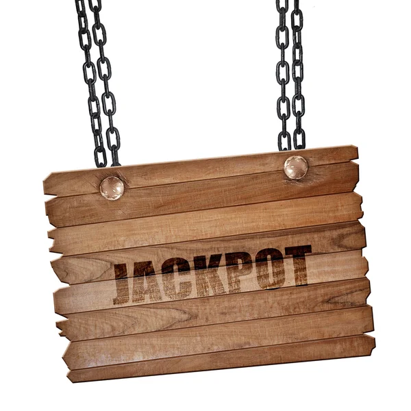 Jackpot, rendering 3D, tavola di legno su una catena grunge — Foto Stock