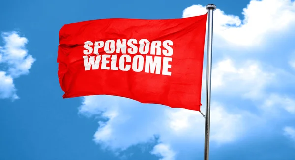 Patrocinadores bienvenidos, representación 3D, una bandera ondeante roja — Foto de Stock