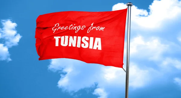Groeten uit Tunesië, 3D-rendering, een rode vlag zwaaien — Stockfoto